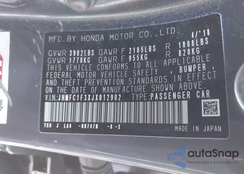 2018 Honda Civic Ex-T from USA, damaged, VIN JHMFC1F3XJX012902